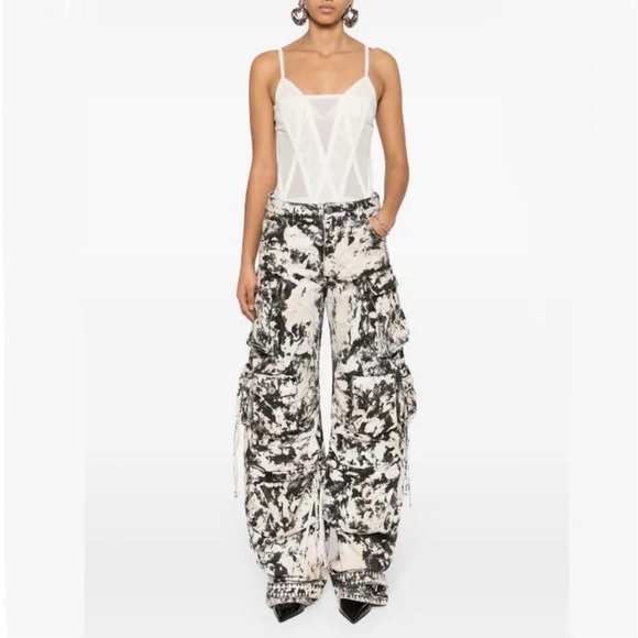 The Attico Fern black cream white abstract camo print wide leg cargo jean pants - Picture 16 of 16